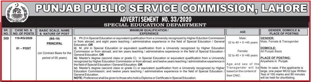 PPSC Principal Jobs Advertisement No 33/2020 - Special Education Department
