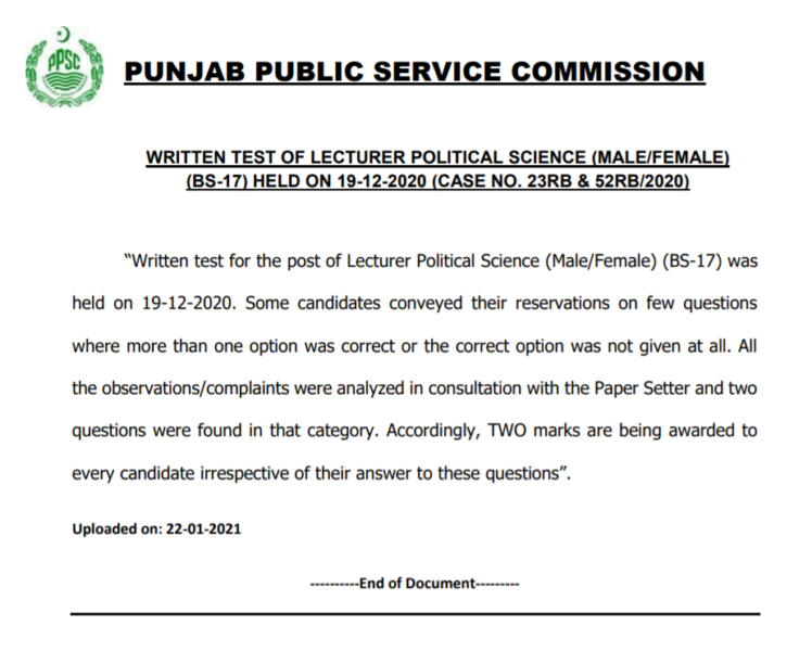 PPSC Written Test of Lecturer Political Science (Male/Female) (BS-17)