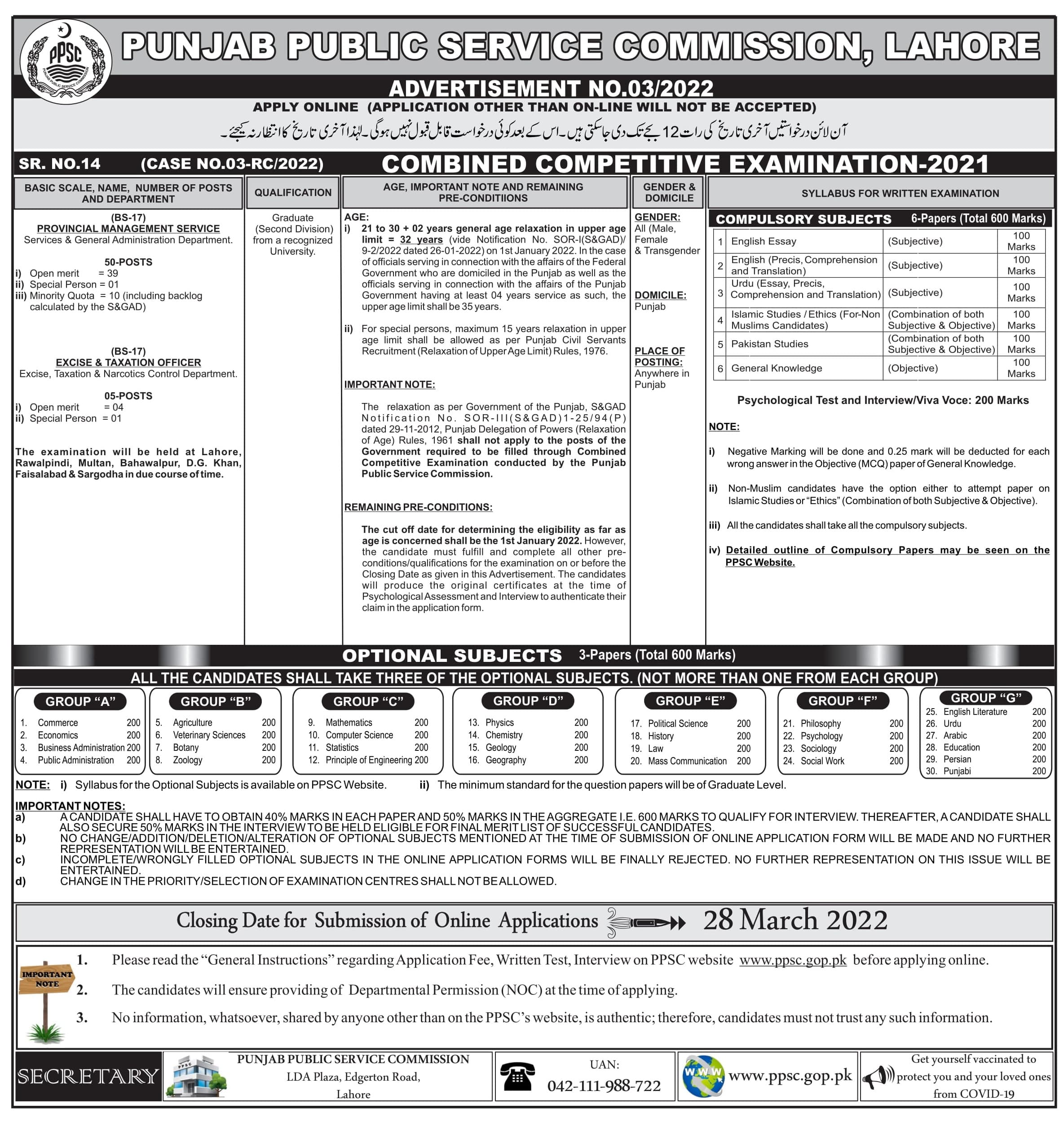 PPSC Jobs Combined Competitive Examination 2022