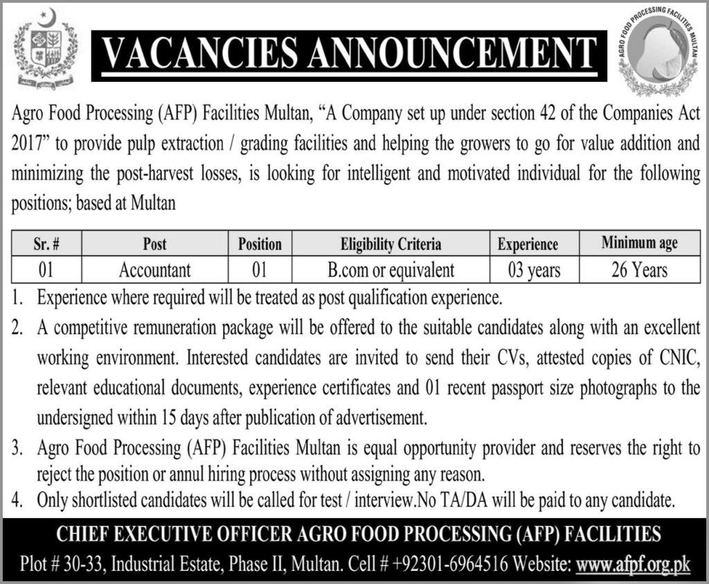 Agro Food Processing AFP Facilities Multan Jobs 2026 official advertisement