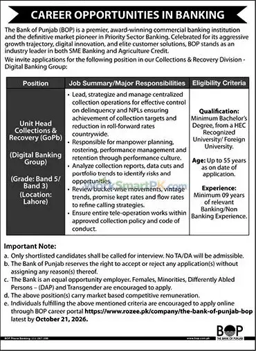 The Bank of Punjab Jobs 2026 Advertisement