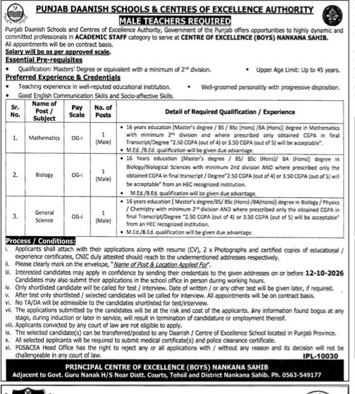 Punjab Daanish Schools and Centres of Excellence Authority Jobs 2026 Advertisement