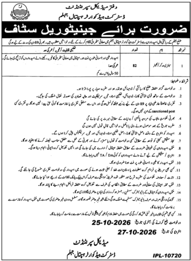 District Headquarter Hospital Jhelum Jobs 2026 Advertisement