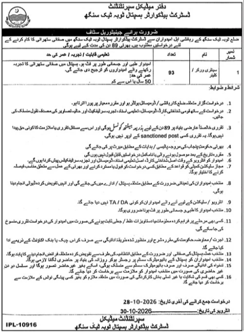 DHQ Hospital Toba Tek Singh Jobs 2026 Advertisement