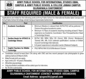 English Teacher Jobs in Army Public Schools Gujranwala 2026