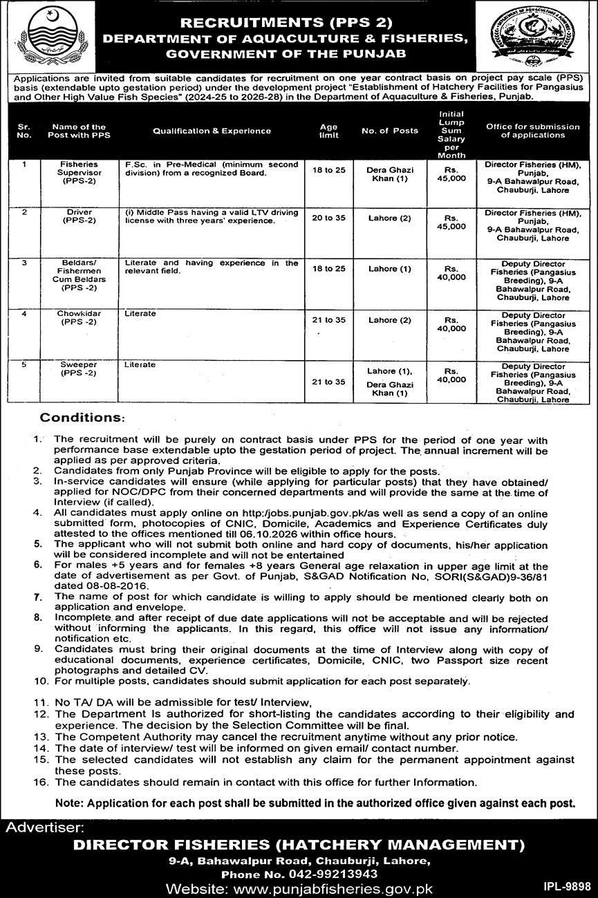 Department of Aquaculture and Fisheries Punjab Jobs 2026 Advertisement