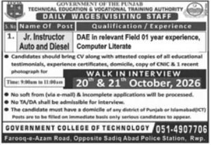 Government College of Technology Rawalpindi Jobs 2026 Advertisement