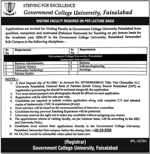 Government College University Faisalabad Jobs 2026 Advertisement