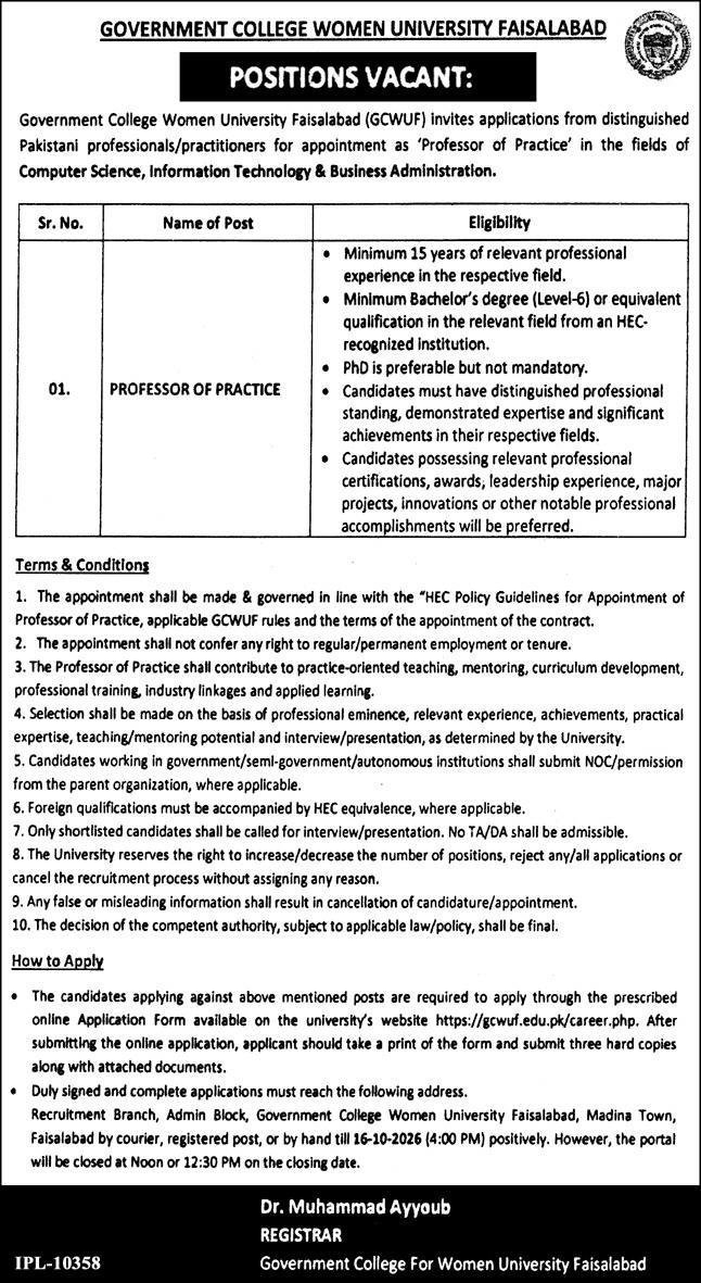 Government College Women University Faisalabad Jobs 2026 Advertisement