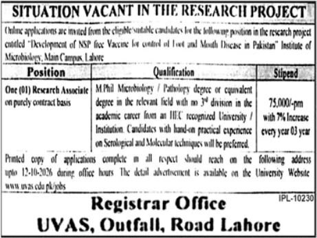 University of Veterinary and Animal Sciences (UVAS) Lahore Jobs 2026 Advertisement