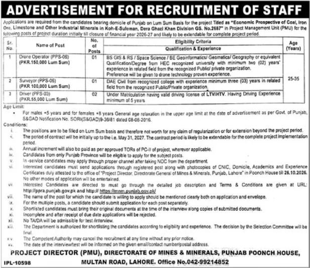 Directorate General of Mines & Minerals Punjab Jobs 2026 Advertisement
