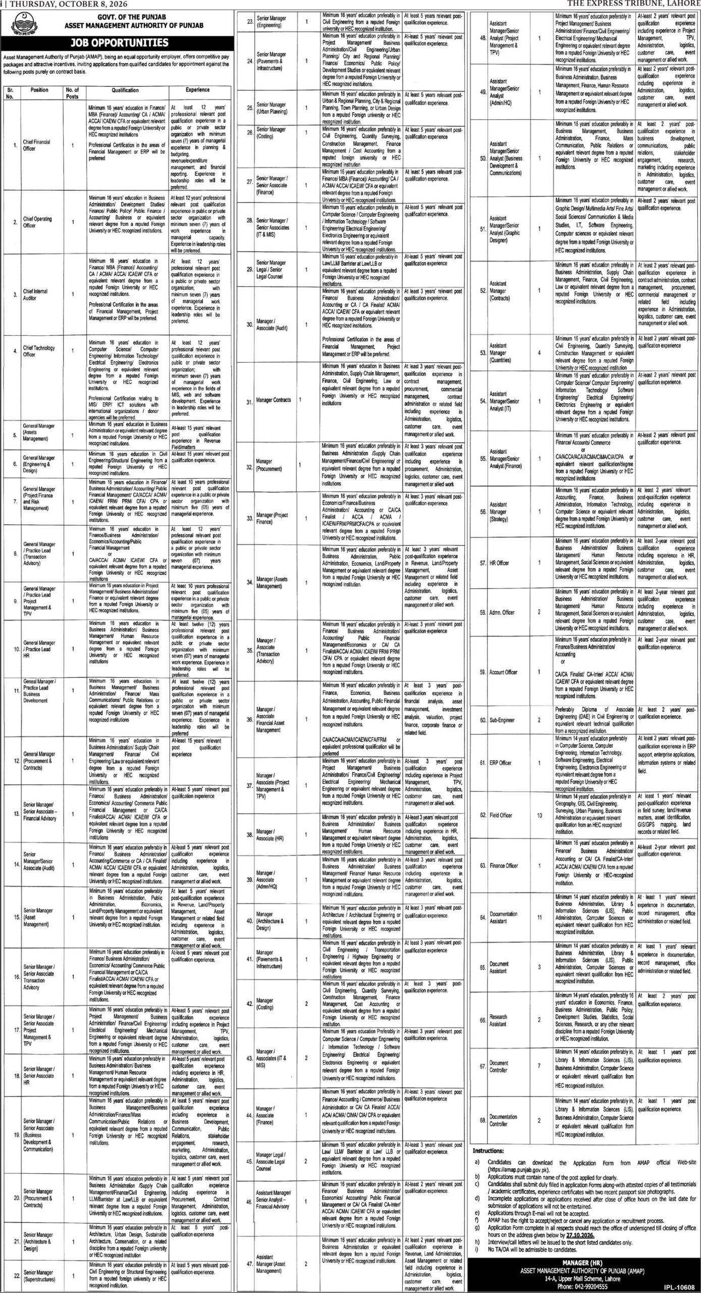 Asset Management Authority of Punjab Jobs 2026 Advertisement