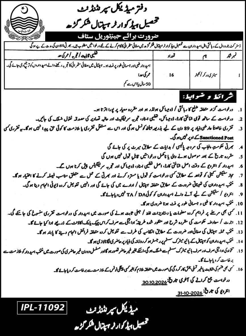 THQ Hospital Shakargarh Jobs 2026 Advertisement
