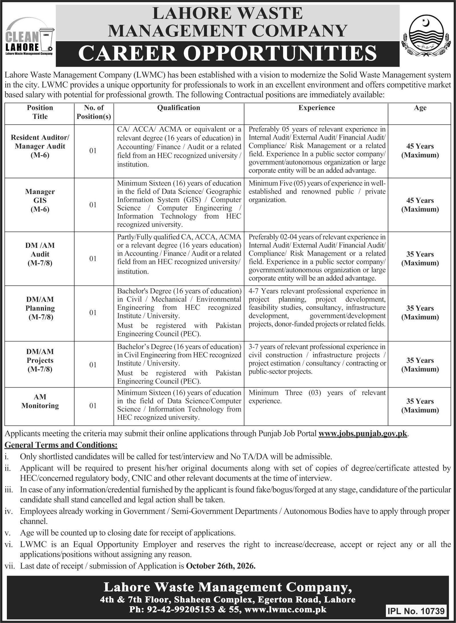 Lahore Waste Management Company Jobs 2026 Advertisement
