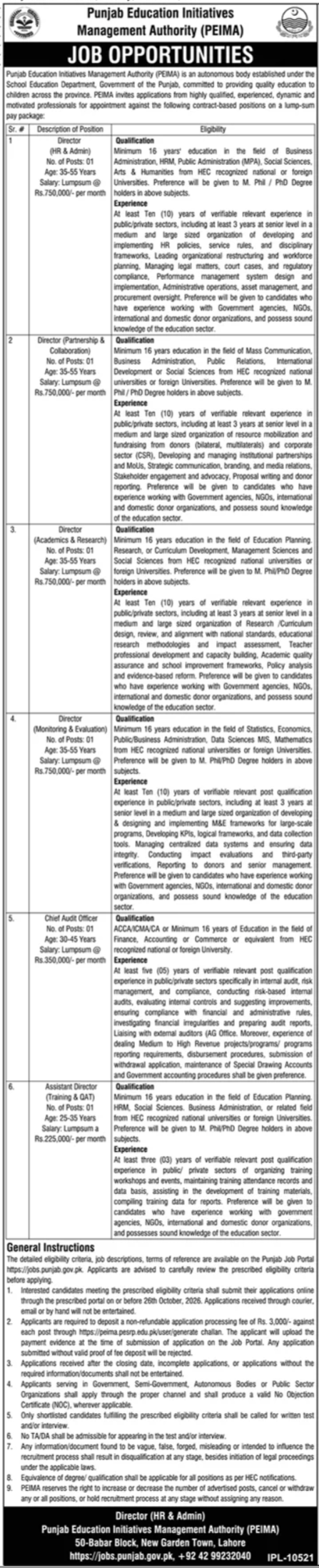 Punjab Education Initiatives Management Authority (PEIMA) Jobs 2026 Advertisement
