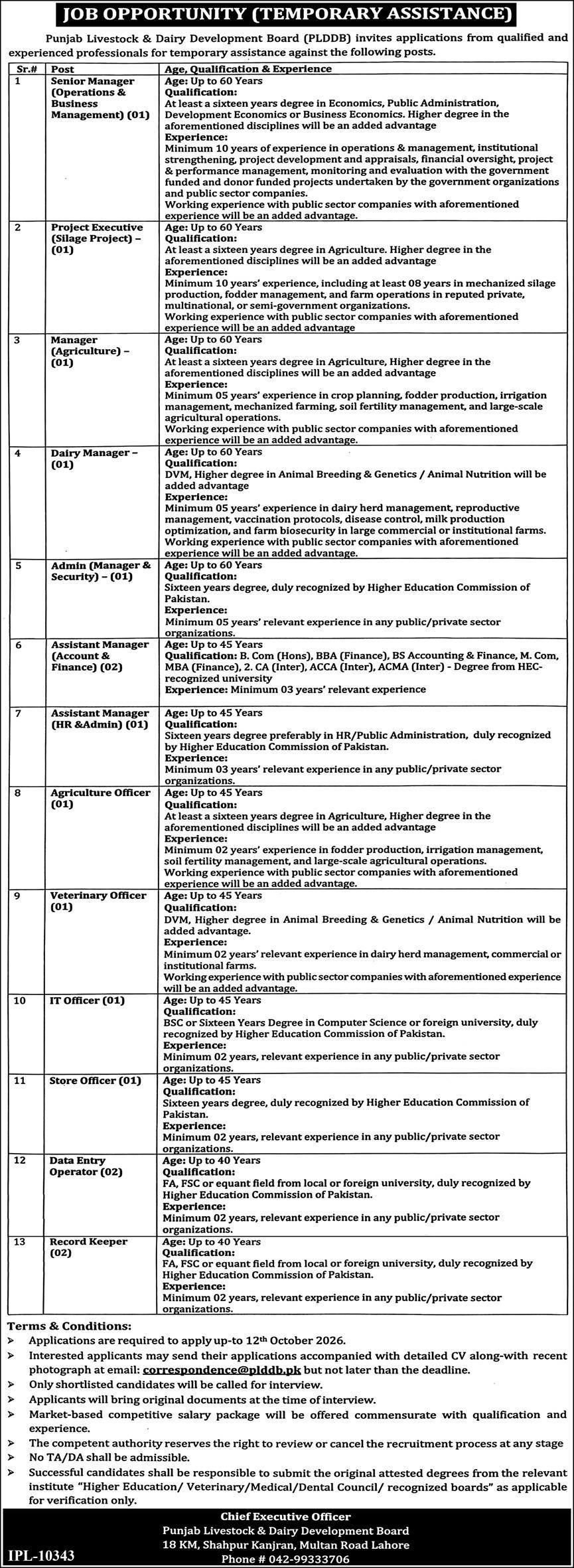 Punjab Livestock & Dairy Development Board Jobs 2026 Advertisement