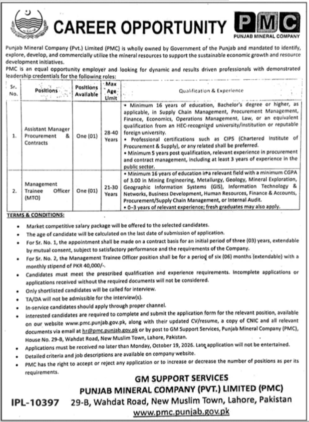 Punjab Mineral Company Jobs 2026 Advertisement