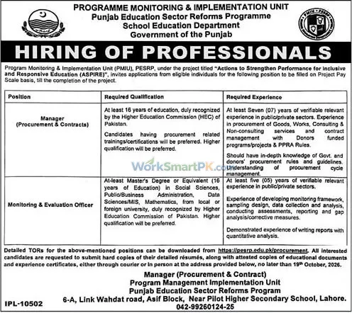 Programme Monitoring & Implementation Unit PMIU-PESRP Punjab Jobs 2026 Advertisement