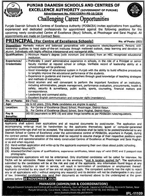 Punjab Daanish Schools and Centres of Excellence Authority Jobs 2026 Advertisement