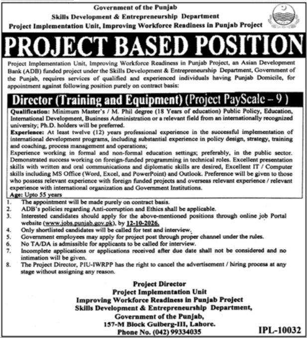 Skills Development & Entrepreneurship Department Punjab Jobs 2026 Advertisement