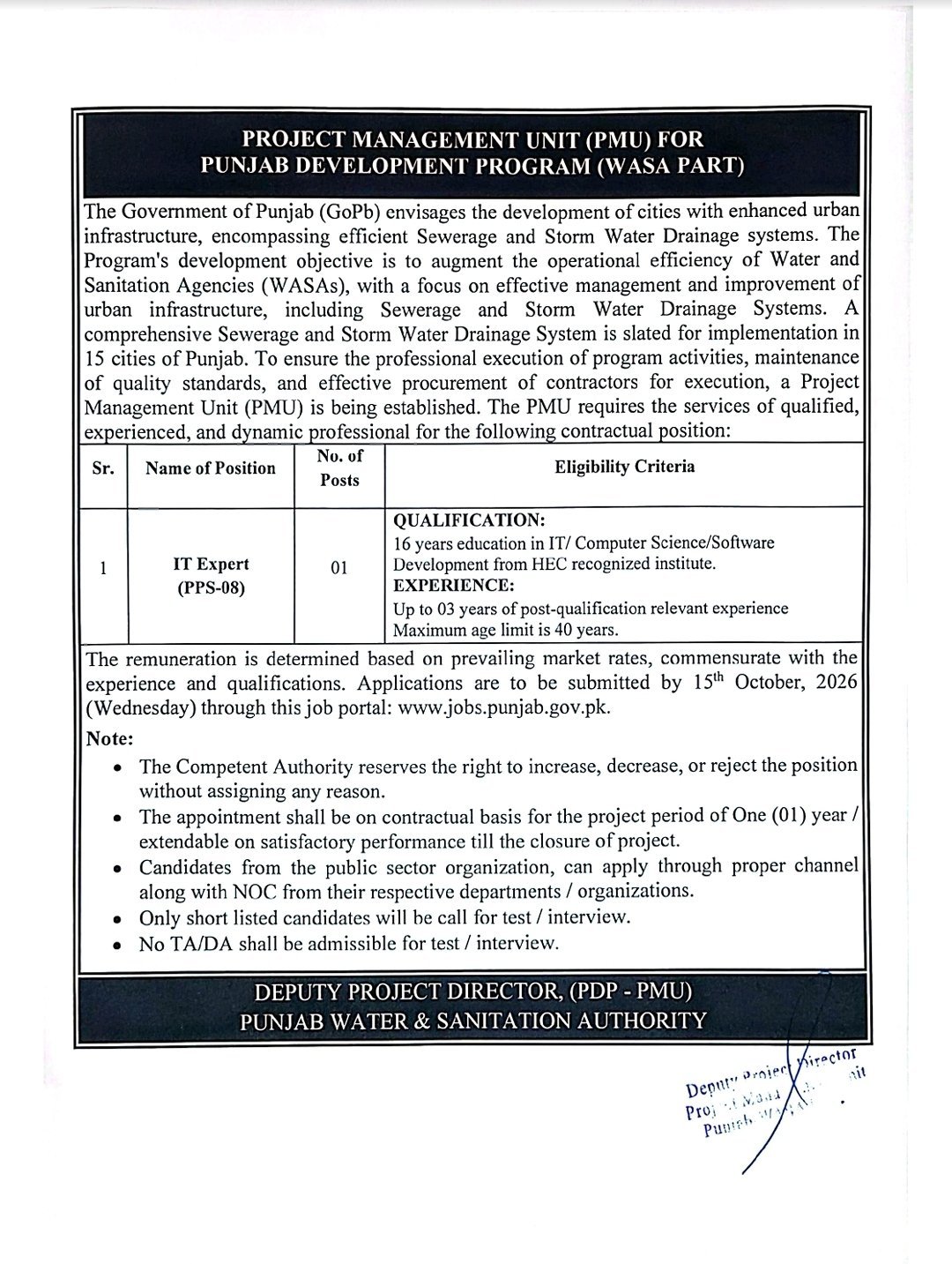 Punjab Water and Sanitation Authority Jobs 2026 Advertisement