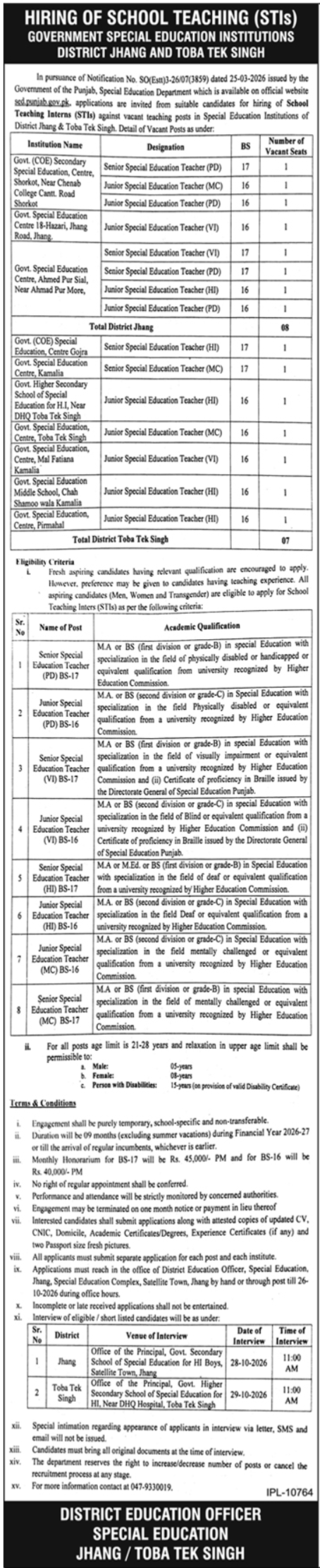 Directorate General of Special Education Punjab Jobs 2026 Advertisement