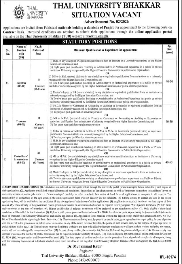 Thal University Bhakkar Jobs 2026 – Controller of Examinations (BS-20) official advertisement