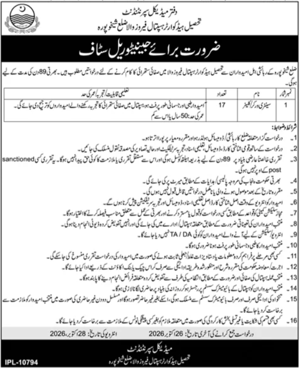 Tehsil Headquarters Hospital Ferozwala Jobs 2026 Advertisement