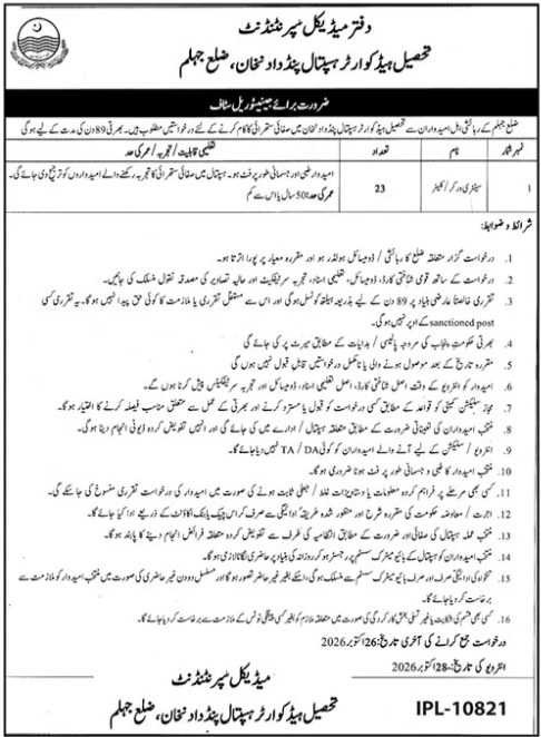 THQ Hospital Pind Dadan Khan Jobs 2026 Advertisement