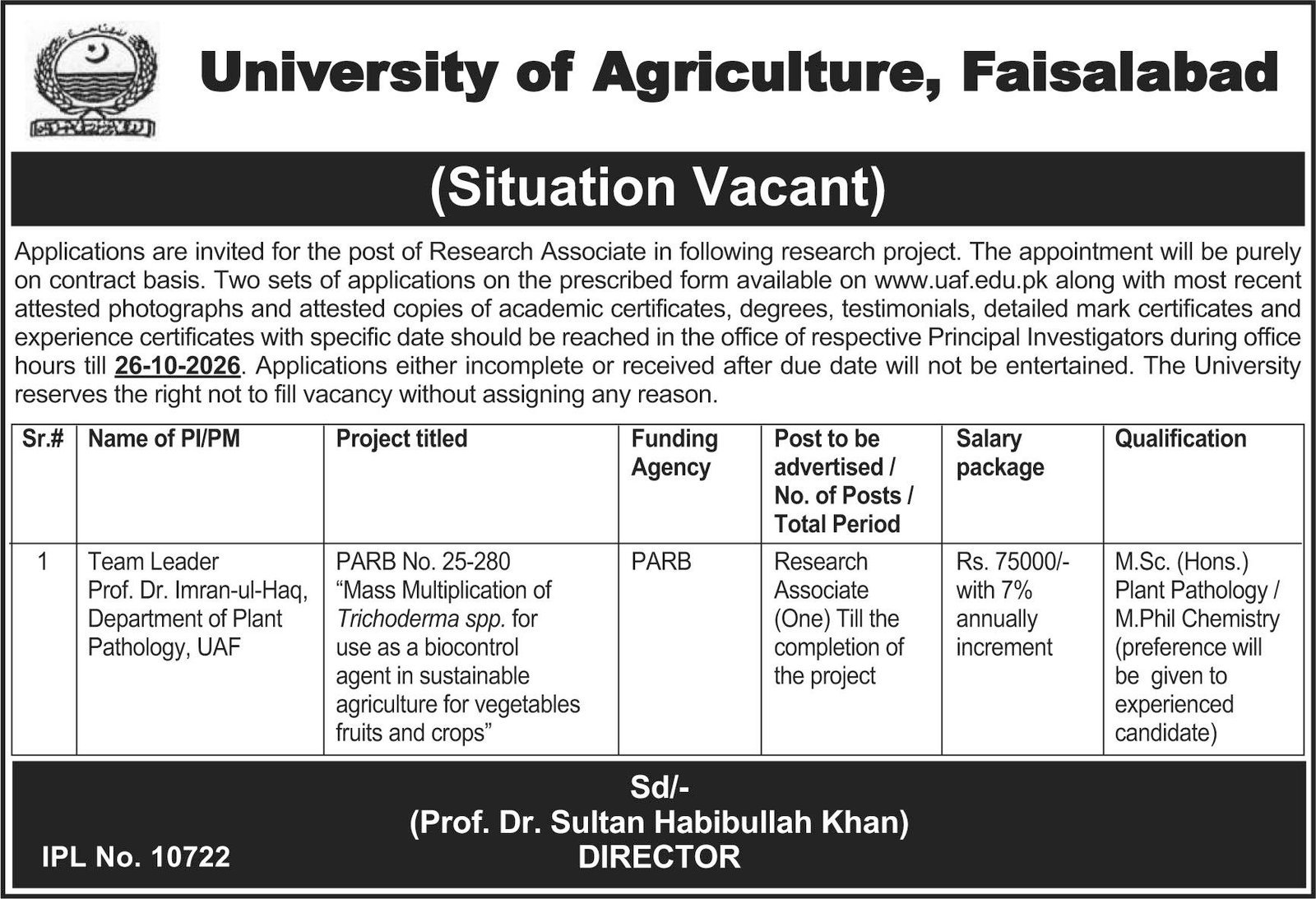 University of Agriculture Faisalabad Jobs 2026 Advertisement