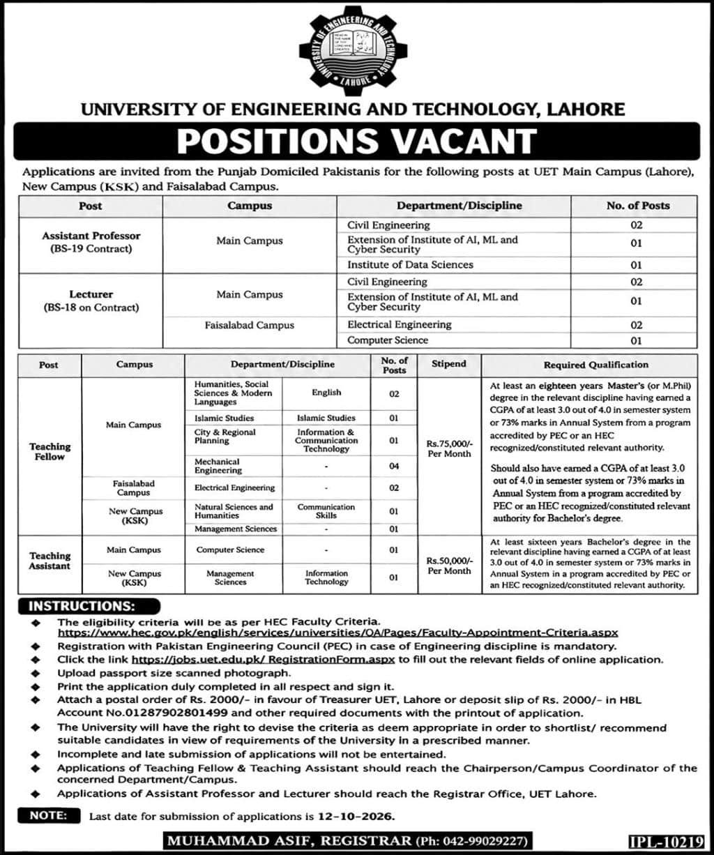 UET Lahore Jobs 2026 – Teaching Assistant official advertisement