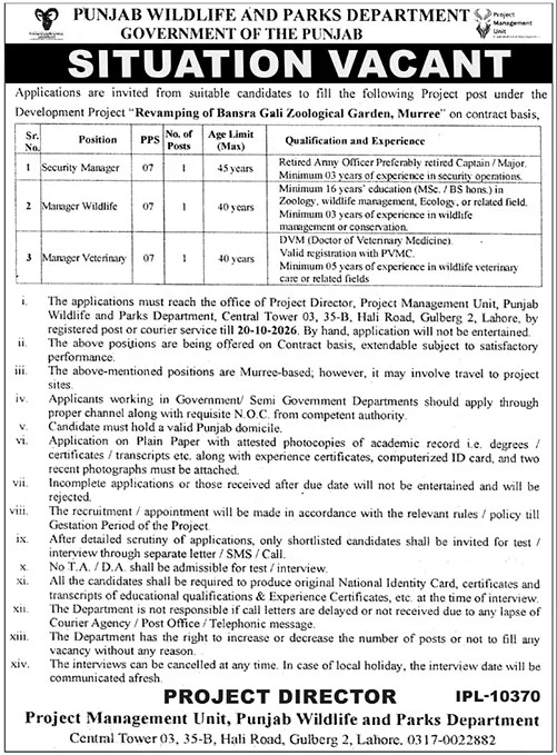 Directorate General Wildlife & Parks Punjab Jobs 2026 Advertisement