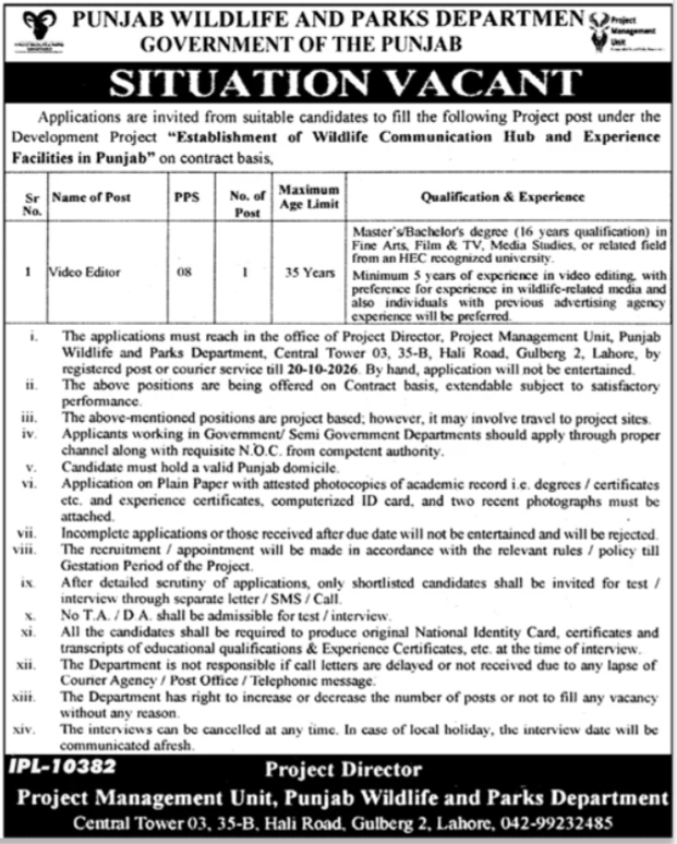 Directorate General Wildlife & Parks Punjab Jobs 2026 Advertisement